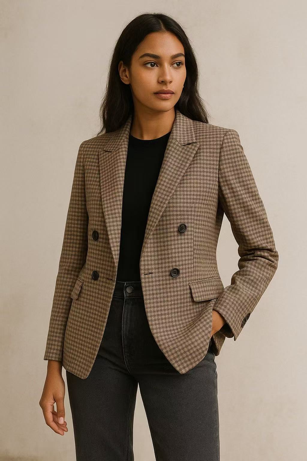 Houndstooth Double - Breasted Blazer